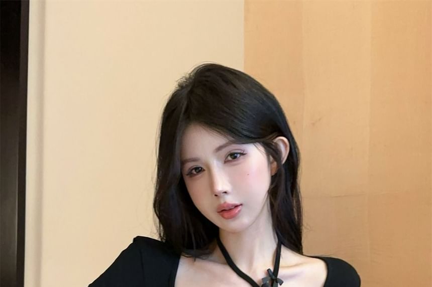 Square Neck Lace Panel Tee with Long Sleeves