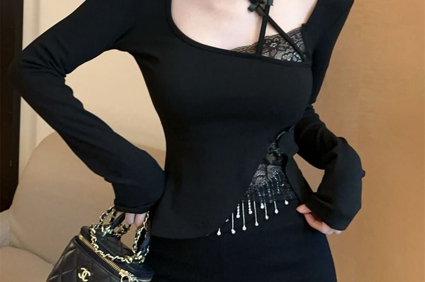 Square Neck Lace Panel Tee with Long Sleeves