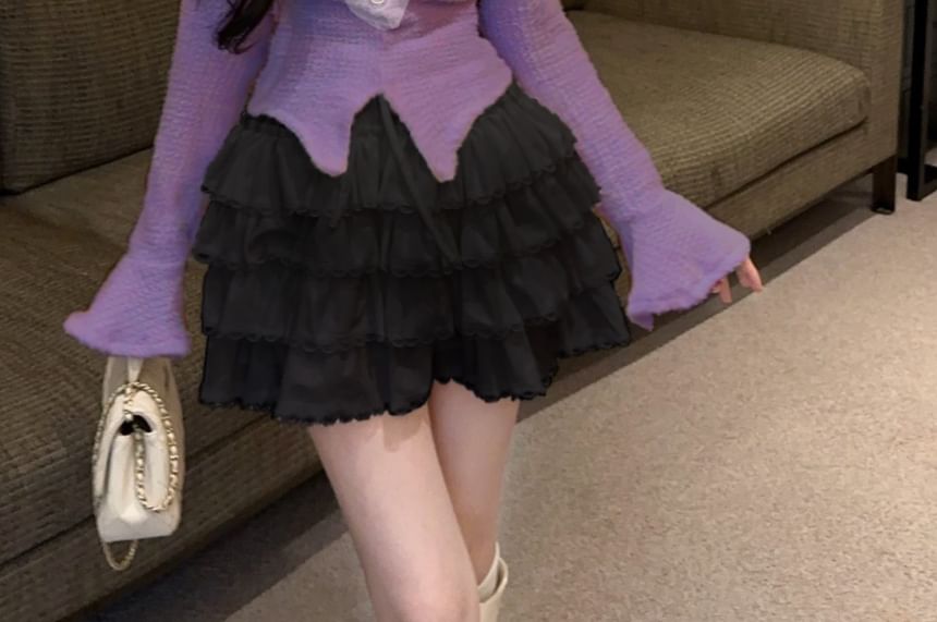 Two-Tone Knit Top & Tiered Mini Skirt