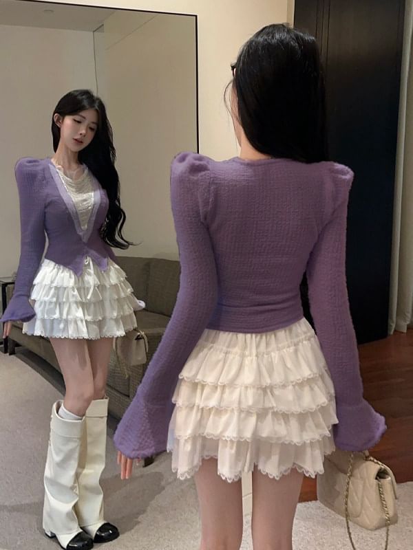 Two-Tone Knit Top & Tiered Mini Skirt