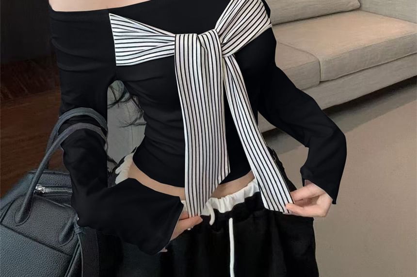 Striped Off-Shoulder Crop Tee with Tie Front