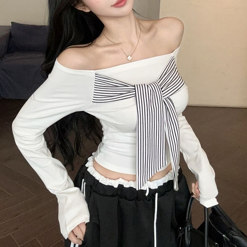Striped Off-Shoulder Crop Tee with Tie Front