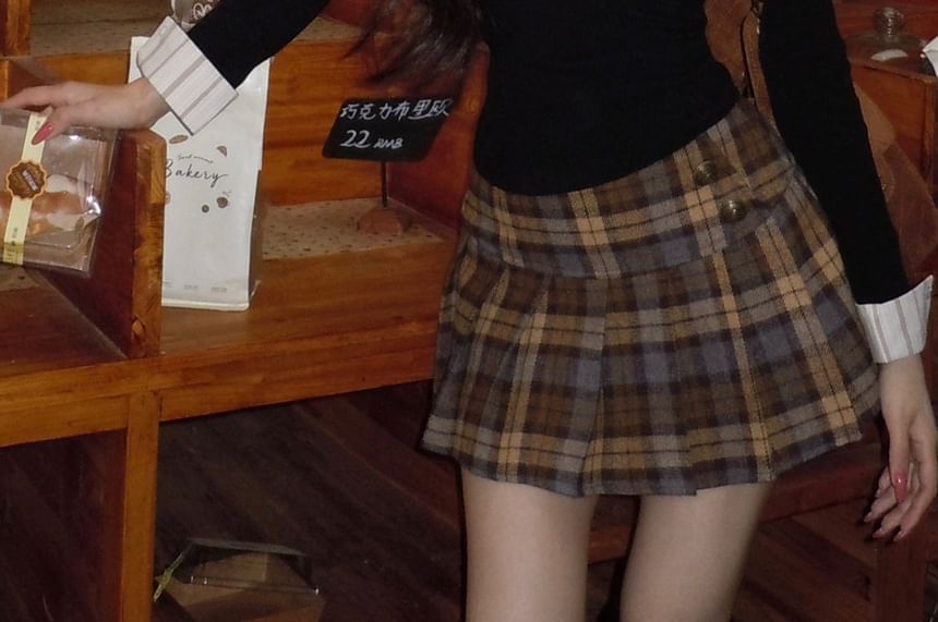 Mock Two-Piece Collared Top & Plaid Pleated Skirt