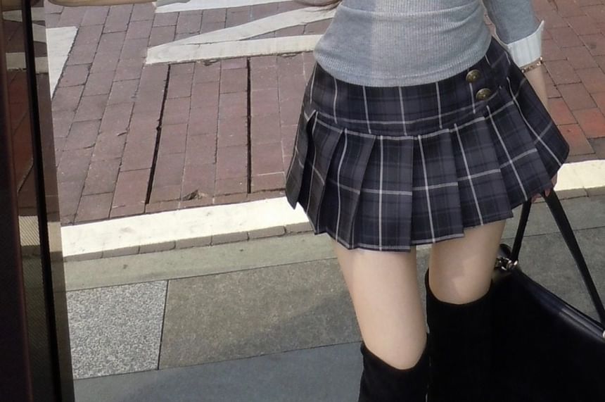 Mock Two-Piece Collared Top & Plaid Pleated Skirt