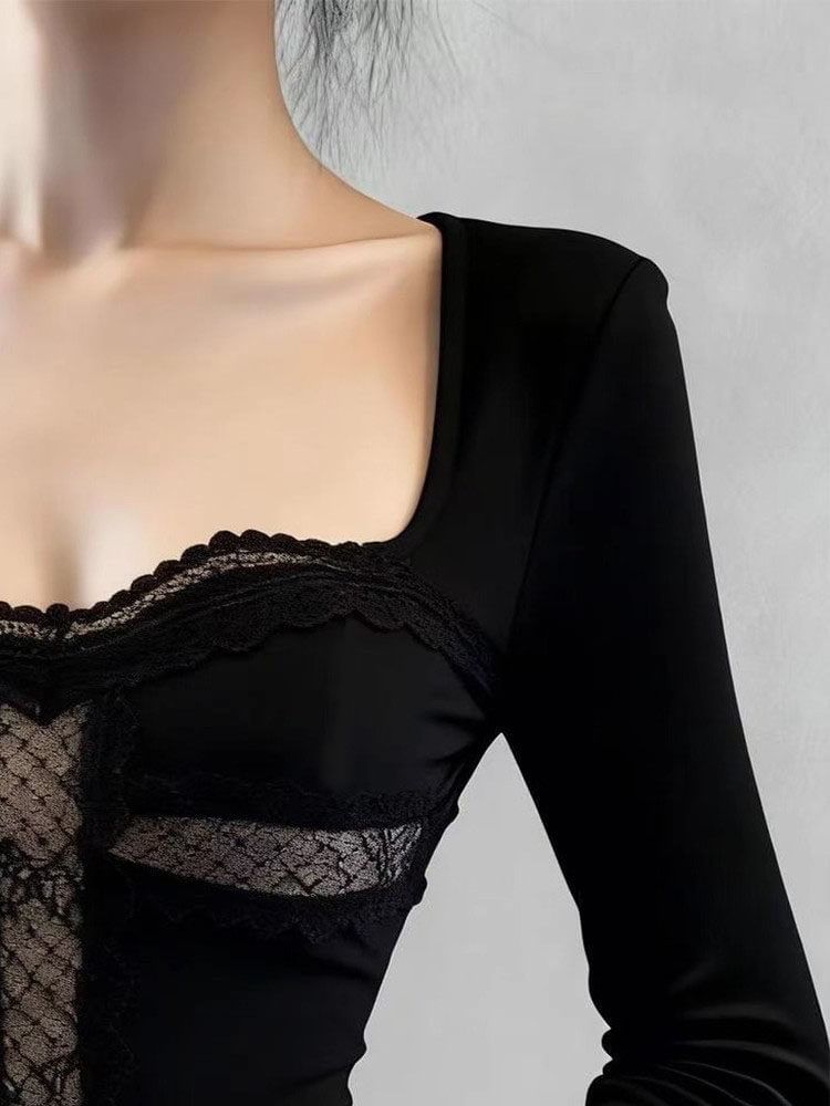 Square Neck Lace Trim Cropped Tee
