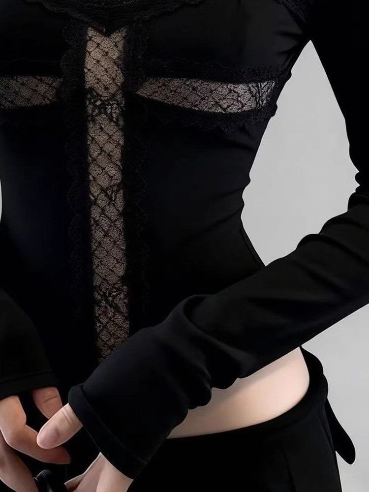 Square Neck Lace Trim Cropped Tee