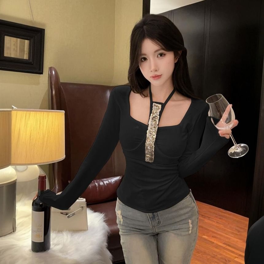 Sequined Square Neck Tee with Long Sleeves