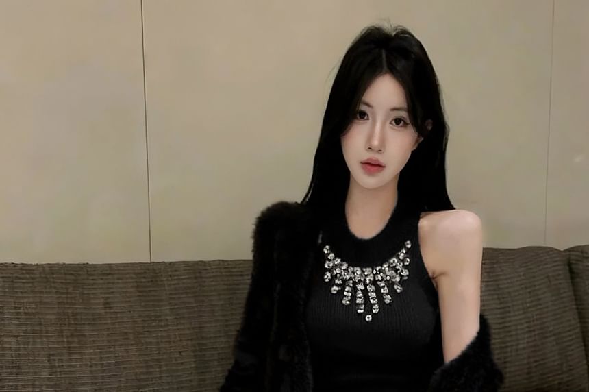 Halter Neck Rhinestone Crop Top with Pencil Skirt and Cardigan