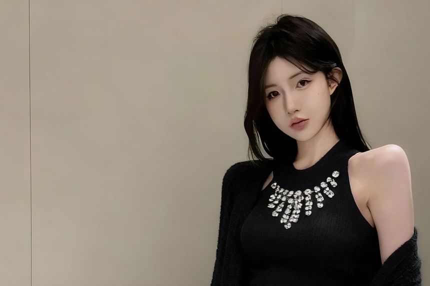 Halter Neck Rhinestone Crop Top with Pencil Skirt and Cardigan