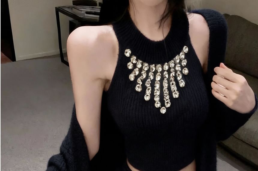 Halter Neck Rhinestone Crop Top with Pencil Skirt and Cardigan
