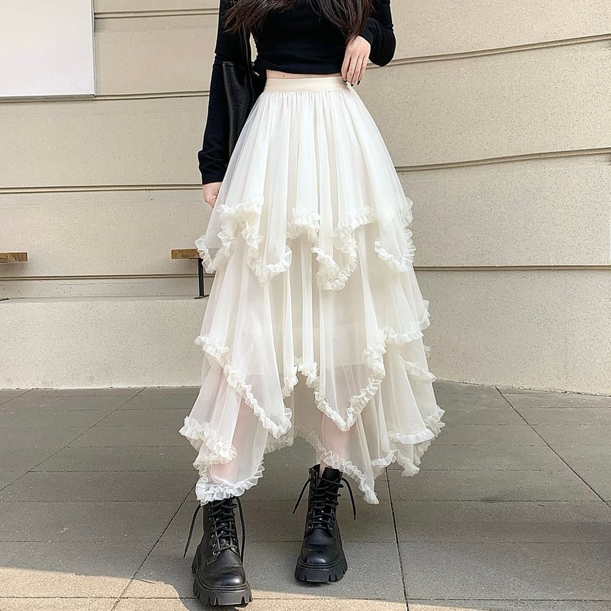 Asymmetrical Frill Mesh Maxi A-Line Skirt