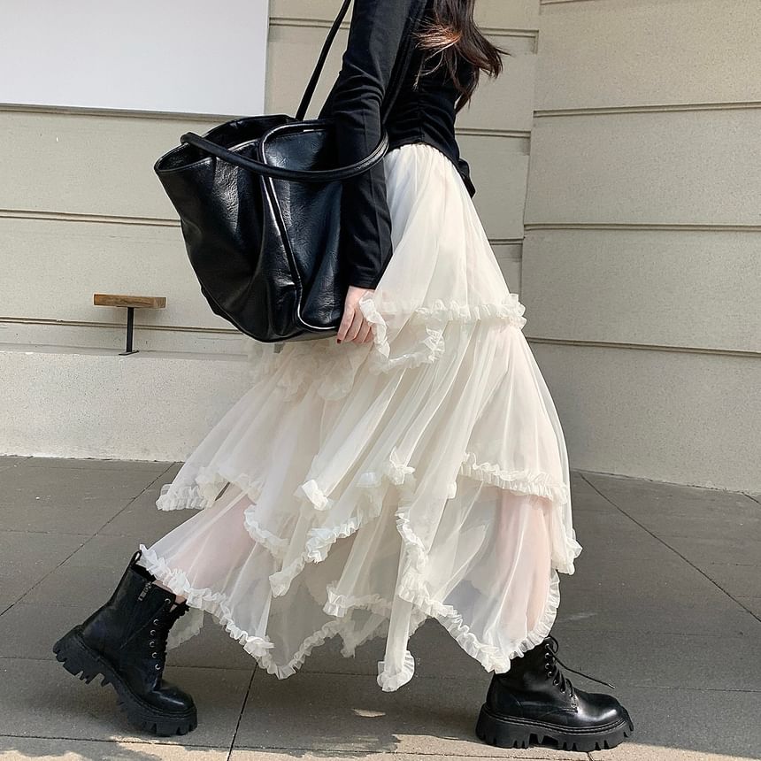 Asymmetrical Frill Mesh Maxi A-Line Skirt