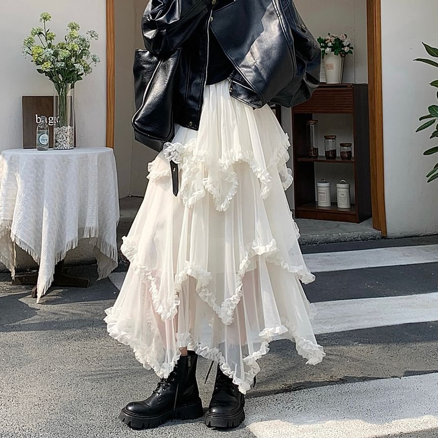 Asymmetrical Frill Mesh Maxi A-Line Skirt