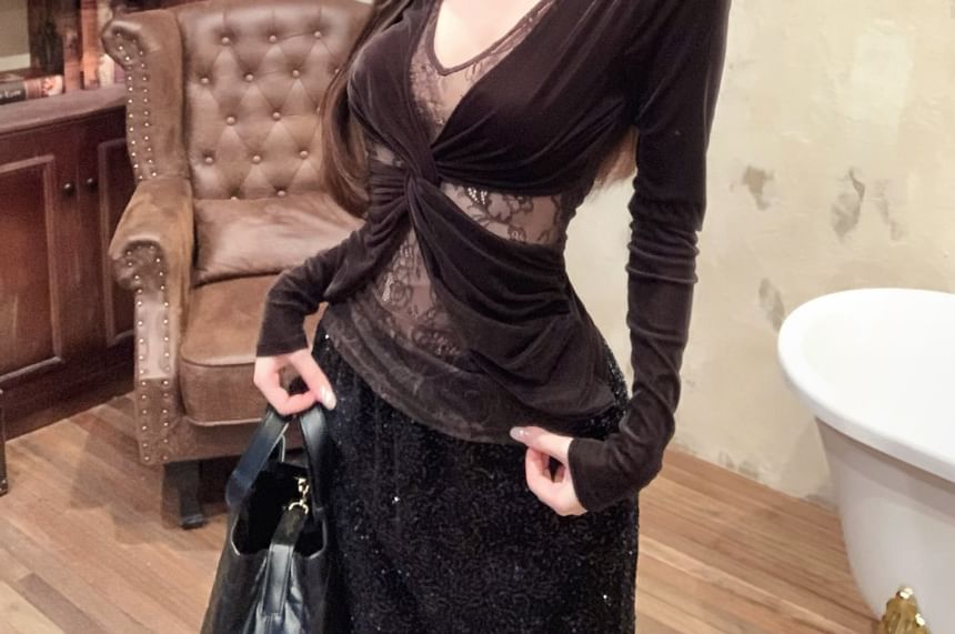 Ruched Lace Top and Glitter Pencil Skirt Set