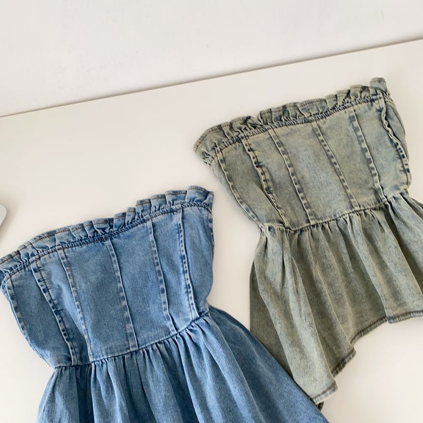 Peplum Denim Tube Top with Frill