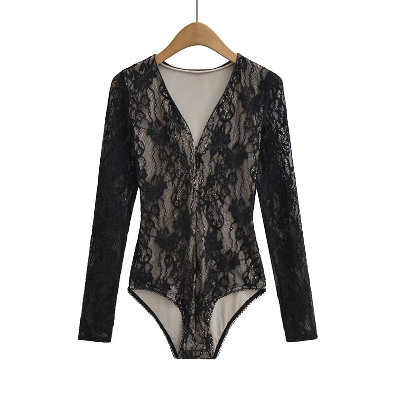 Lace Bodysuit V-Neck Long Sleeve