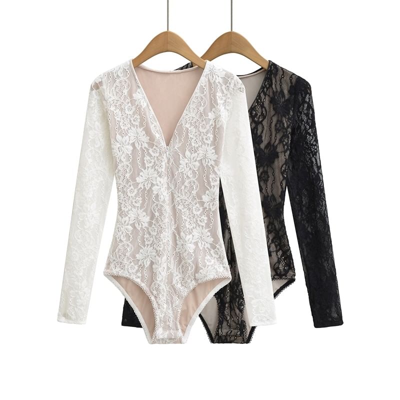 Lace Bodysuit V-Neck Long Sleeve