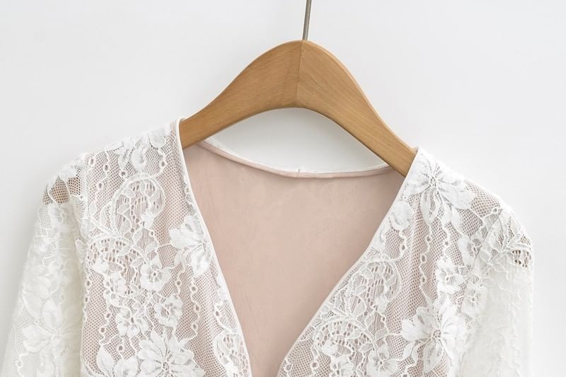 Lace Bodysuit V-Neck Long Sleeve