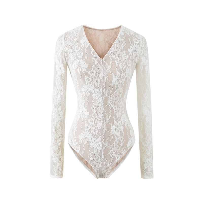 Lace Bodysuit V-Neck Long Sleeve