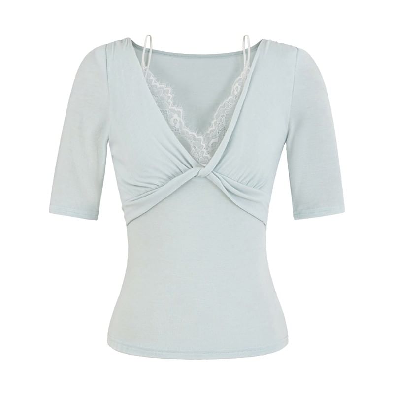 Lace Trim V-Neck Tee Elbow Sleeve