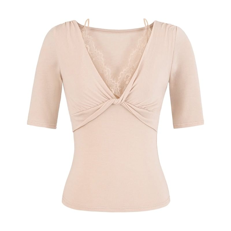 Lace Trim V-Neck Tee Elbow Sleeve