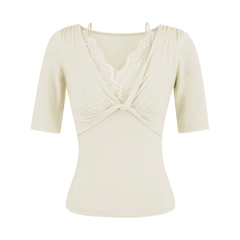 Lace Trim V-Neck Tee Elbow Sleeve