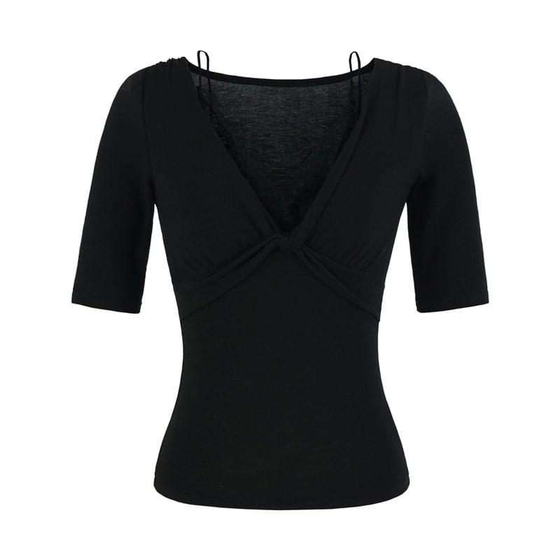 Lace Trim V-Neck Tee Elbow Sleeve