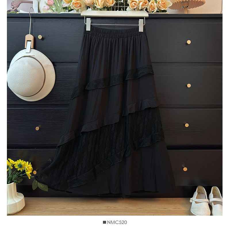 Tiered Maxi A-Line Skirt with Lace Panels