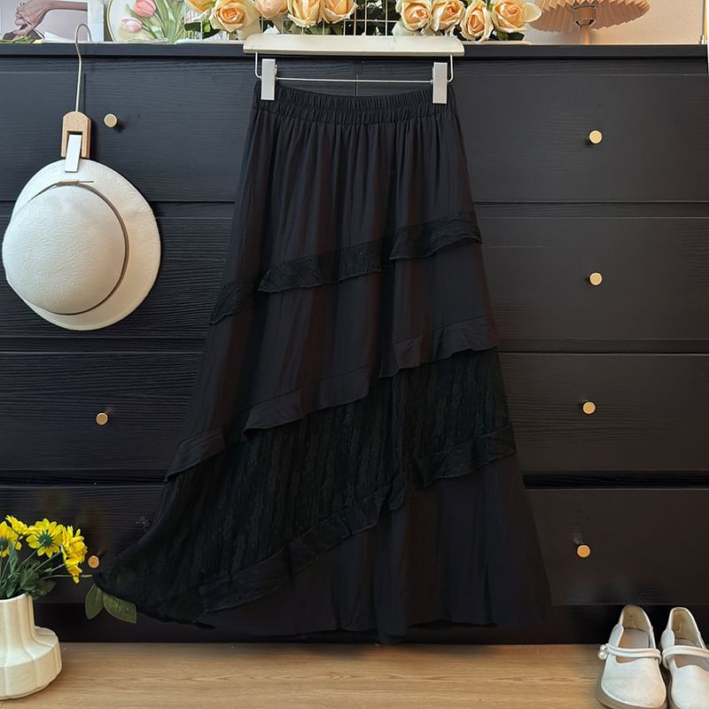 Tiered Maxi A-Line Skirt with Lace Panels
