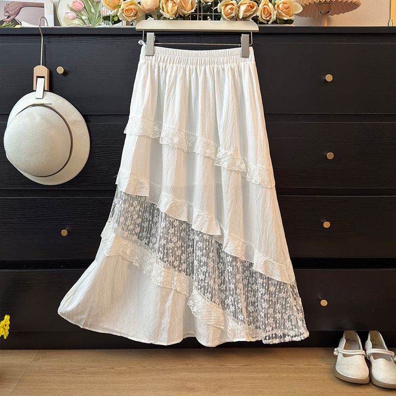 Tiered Maxi A-Line Skirt with Lace Panels