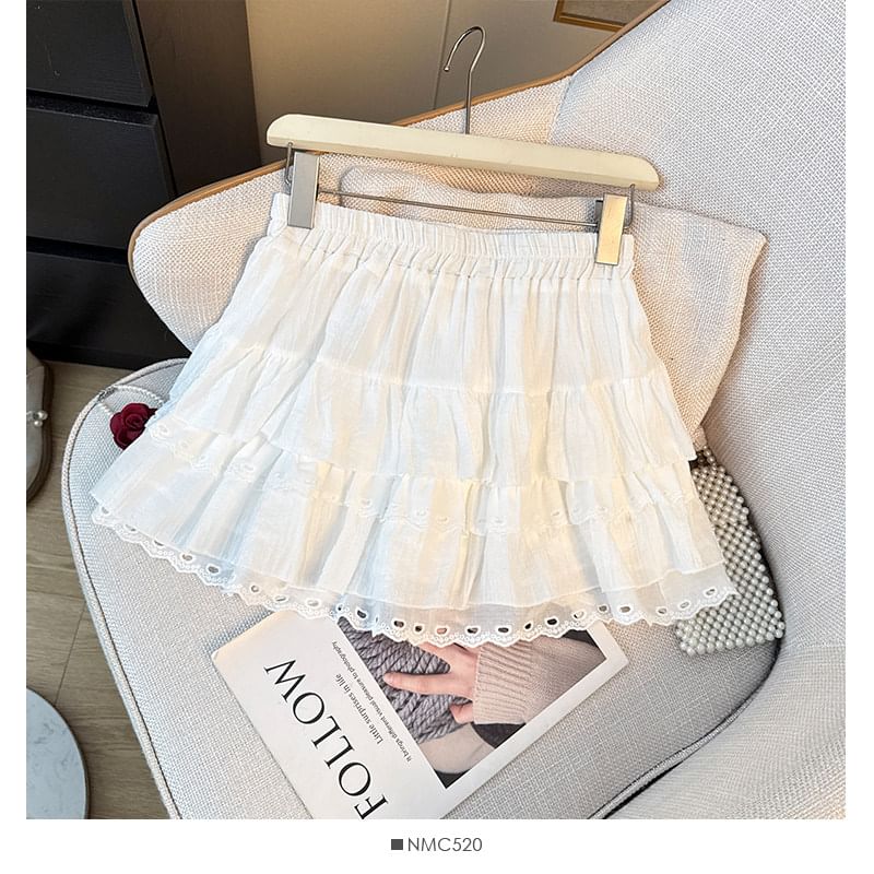 Lace-Trimmed Tiered Mini Skirt