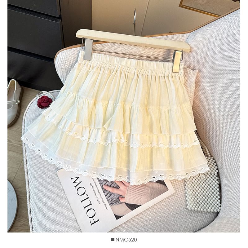 Lace-Trimmed Tiered Mini Skirt