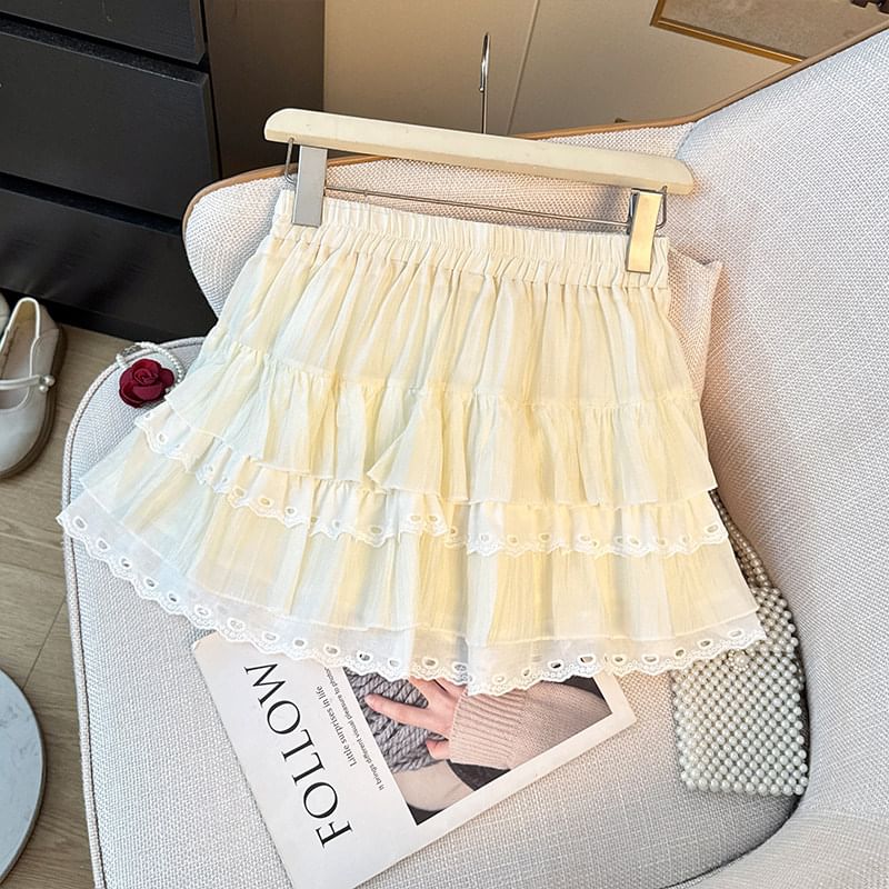 Lace-Trimmed Tiered Mini Skirt