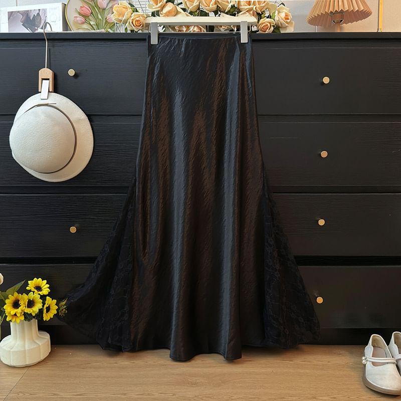 Satin Fishtail Pencil Skirt with Lace Panels