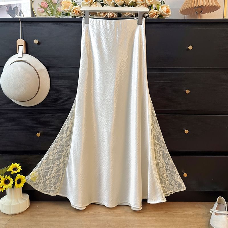 Satin Fishtail Pencil Skirt with Lace Panels