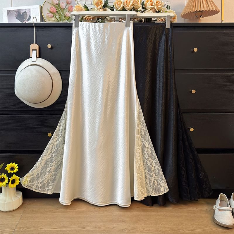 Satin Fishtail Pencil Skirt with Lace Panels