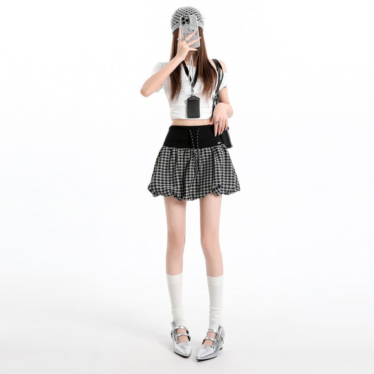 Plaid Bubble A-Line Skirt - High Waist Mini