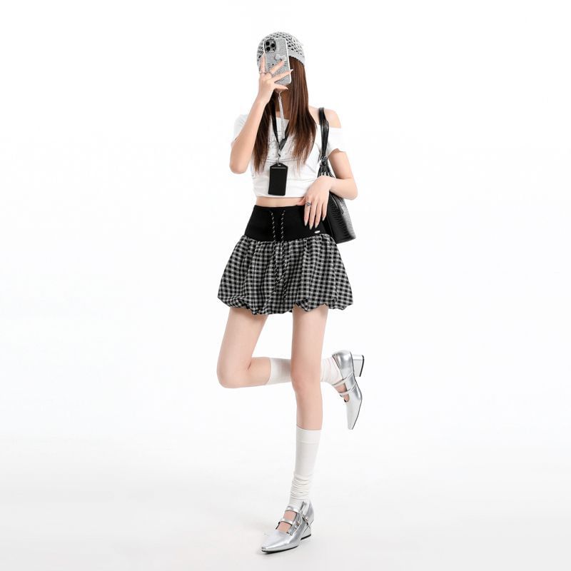 Plaid Bubble A-Line Skirt - High Waist Mini