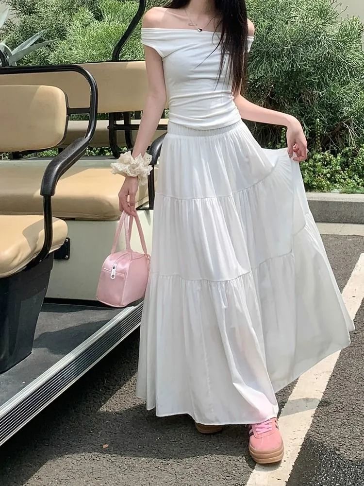 Tiered Maxi A-Line Skirt - High Waist Plain