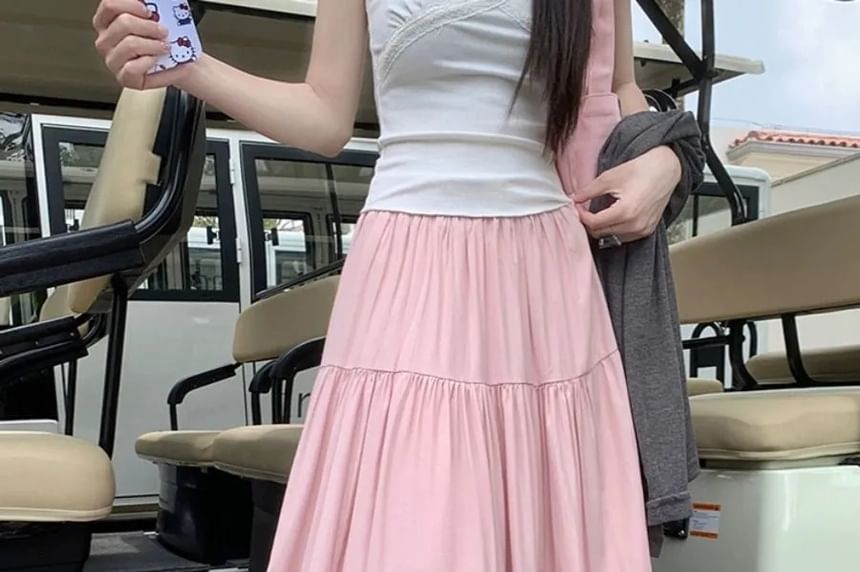 Tiered Maxi A-Line Skirt - High Waist Plain