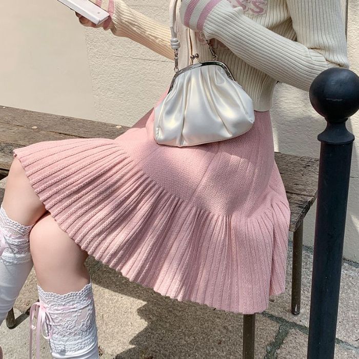 Knitted Mini Pleated Skirt - High Waist Plain