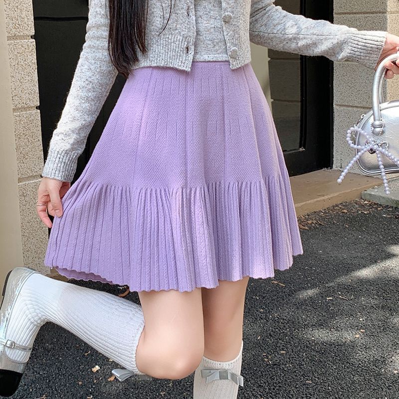 Knitted Mini Pleated Skirt - High Waist Plain