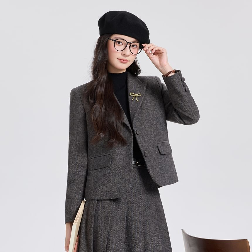 Herringbone Blazer and Pleated Midi Skirt Set