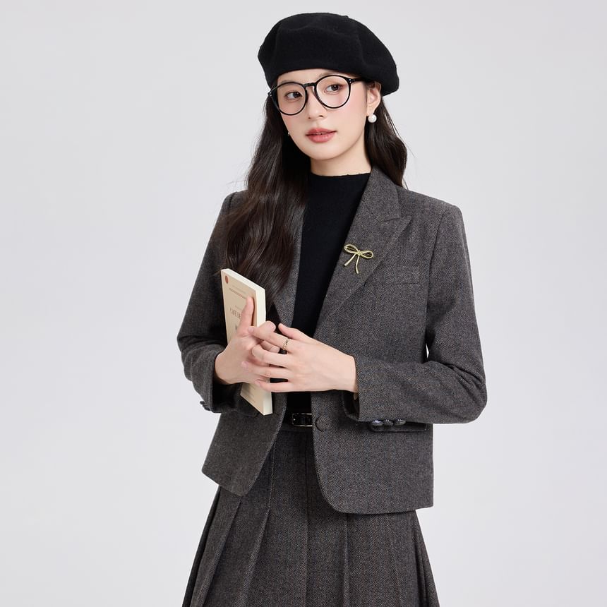 Herringbone Blazer and Pleated Midi Skirt Set