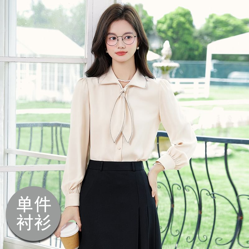 Collared Blouse and Pleated Midi Skirt Set