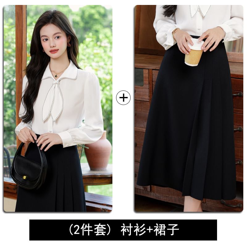 Collared Blouse and Pleated Midi Skirt Set