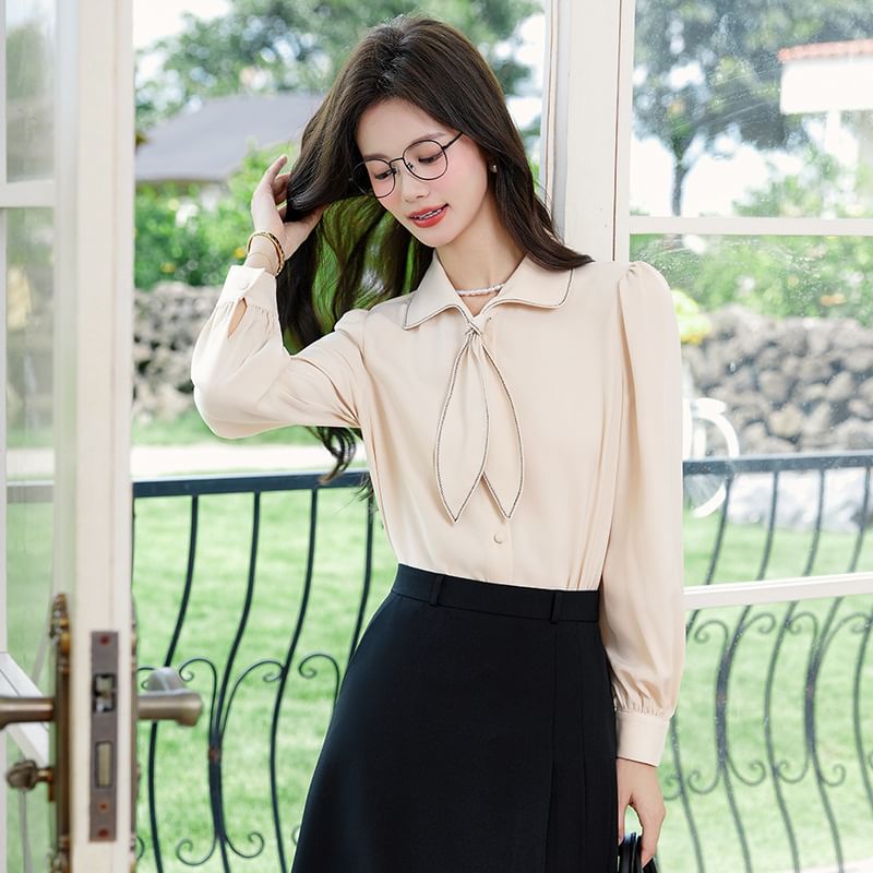 Collared Blouse and Pleated Midi Skirt Set
