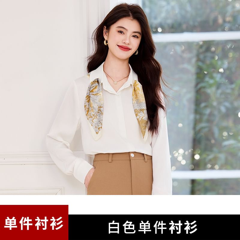 Collared Blouse, Midi Skirt, and Scarf Set