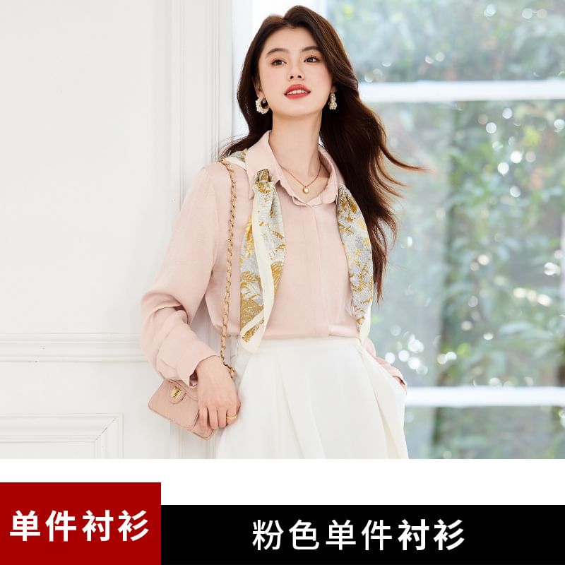 Collared Blouse, Midi Skirt, and Scarf Set