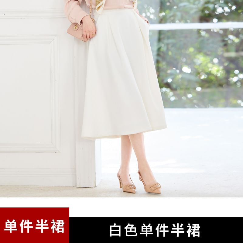 Collared Blouse, Midi Skirt, and Scarf Set